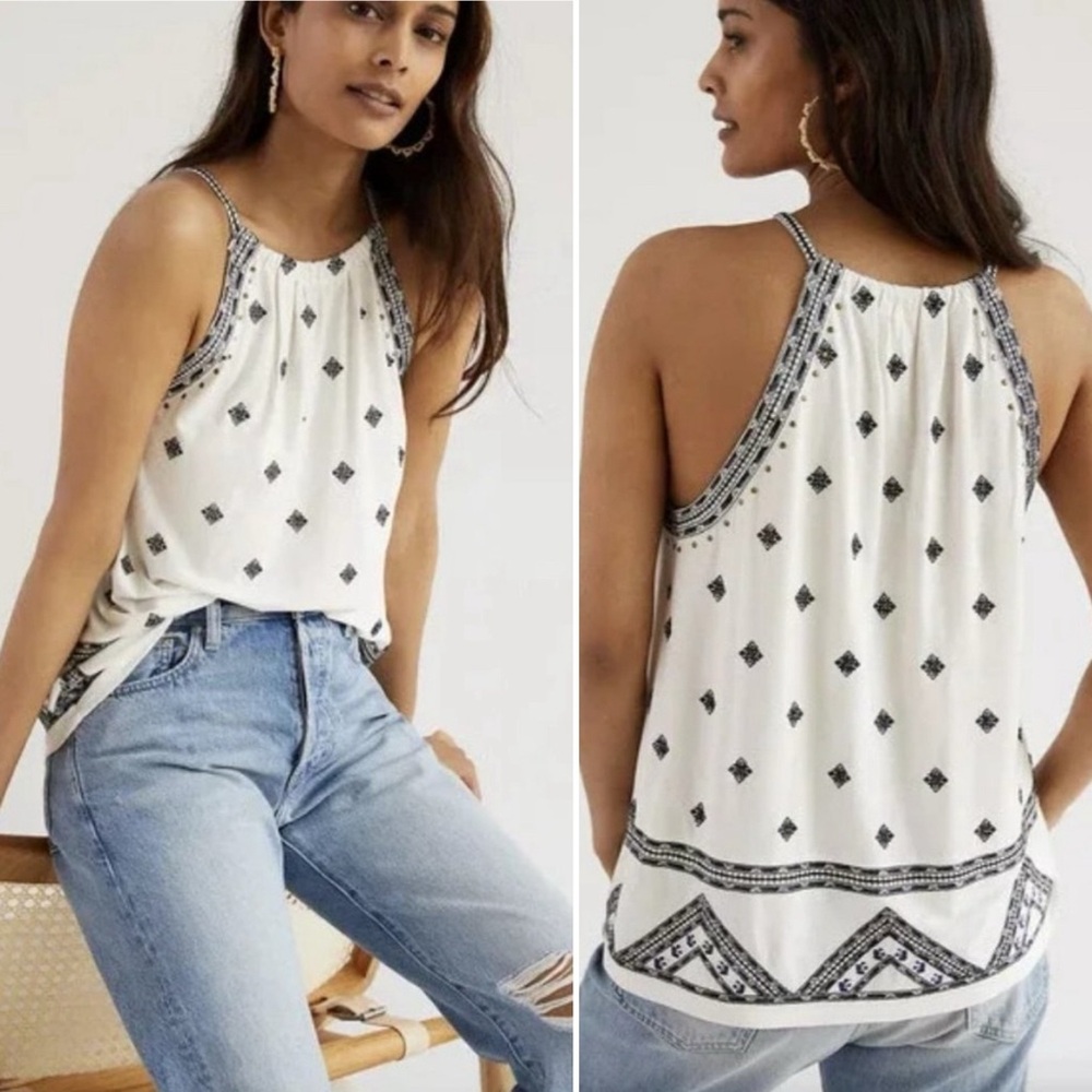 Anthropologie White Embroidered Boho Peasant Halter Top Hippie Festival Size XS